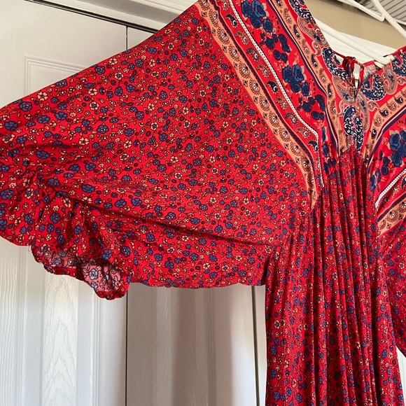 Umgee Red Bohemian V-Neck Dress with Blue and Orange Accents size 1X - Picture 7 of 9